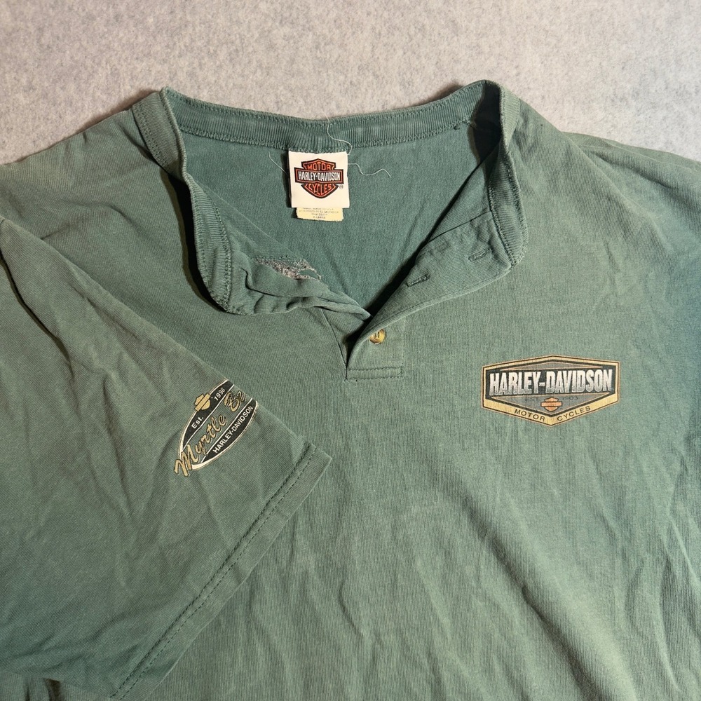 Harley Davidson Mens XL Henley Shirt Green Myrtle Beach Short Sleeve Nice Fade